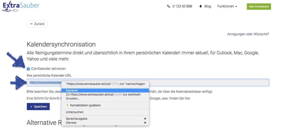 Mein ExtraSauber URL kopieren
